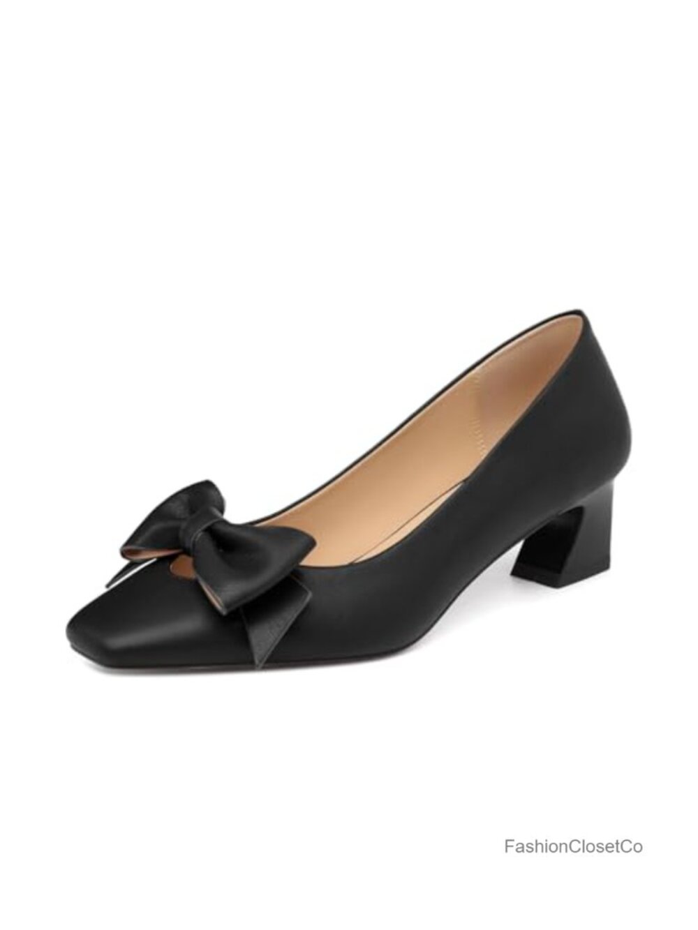 Women's Chunky Low Heel Pumps Square Toe Bow Faux Leather Slip On Dress Shoes